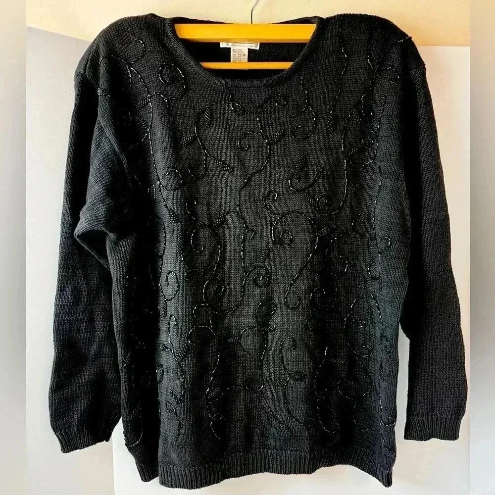 Vintage Cezanne Cotton Women's Long Sleeve Black Beaded Top‎ Sweater